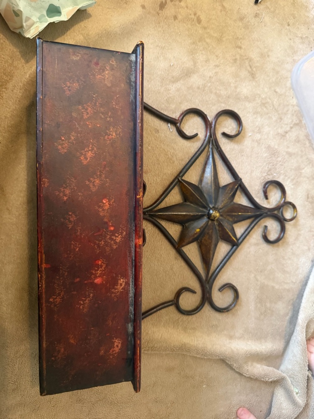 Decorative Metal Wall Shelf in Distressed Red and Bronze